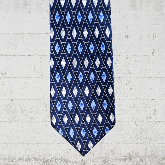 80s Vintage Stafford Navy Silver Diamond Argyle Classic Silk Neck Tie 4 x 57 - Picture 1 of 5